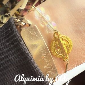 Gold Saint Benedict and Clear aura quartz adjustable Bracelet